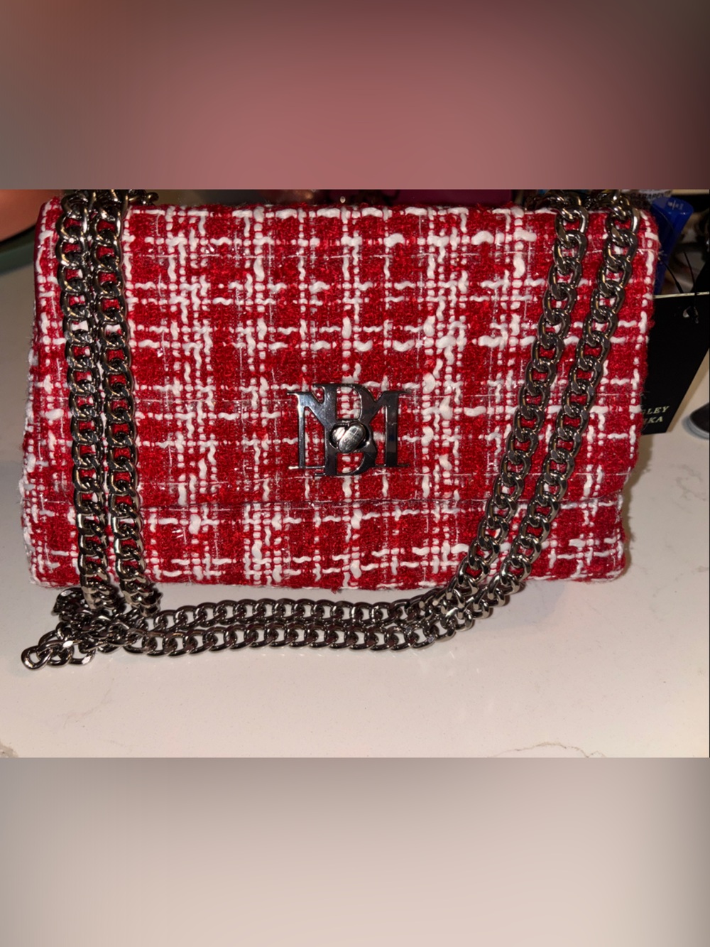 Badgley Mischka Red and White Tweed Chain Shoulder Bag